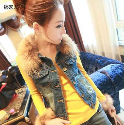 All-match autumn and winter fox fur collar thickening double layer cotton liner denim vest all-match vest