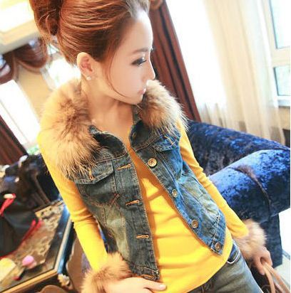 All-match autumn and winter fox fur collar thickening double layer cotton liner denim vest all-match vest