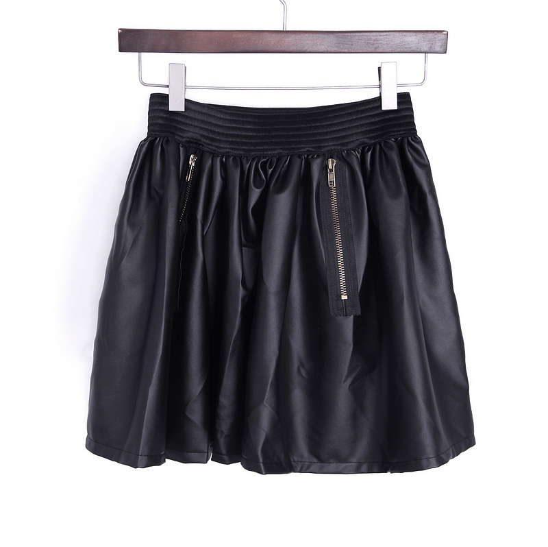 All-match elegant zipper leather bust skirt cake solid color loose basic skirt