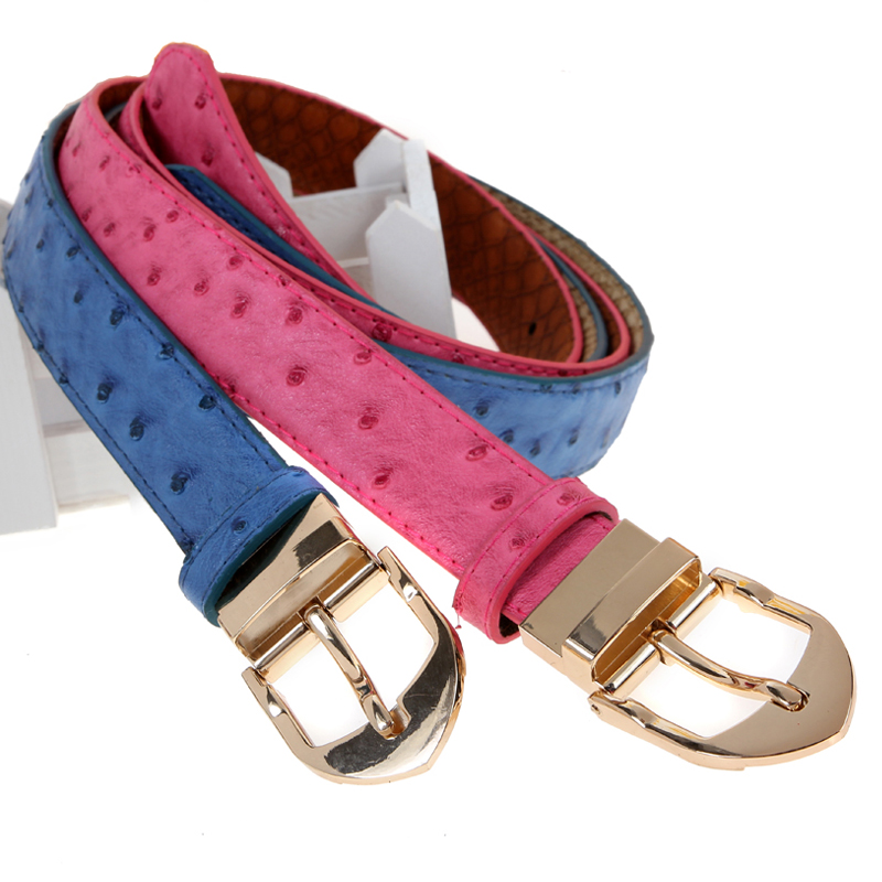 All-match women's thin belt !Double used belt made by ostrich grain pu leather  with reversed pin buckle