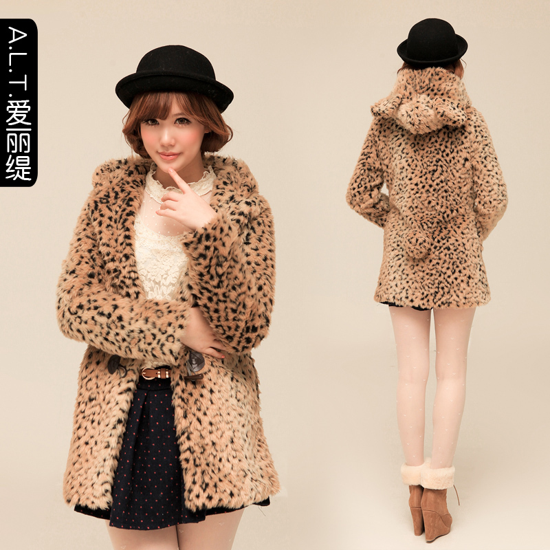 Ally 2013 spring and autumn new arrival female with a hood fleece ear medium-long long-sleeve leopard print outerwear female