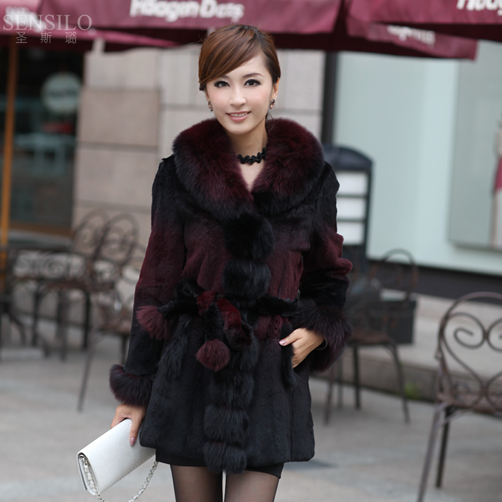 Amazing! 2012 new arrival winter women's fur coat medium-long fox fur neck rabbit fur coatfur 2 color with waist overcoat 004