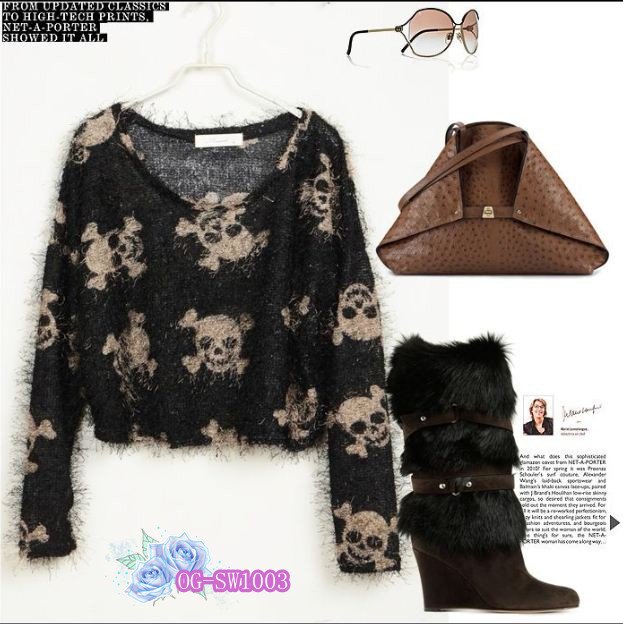 Ameriacn and European Style Best Seller skull pattern short fluffy  Sweater loosen 2012 popular pantherine sweater free shipping