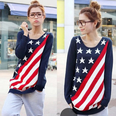 American flag medium-long pullover sweater 11967 free shipping