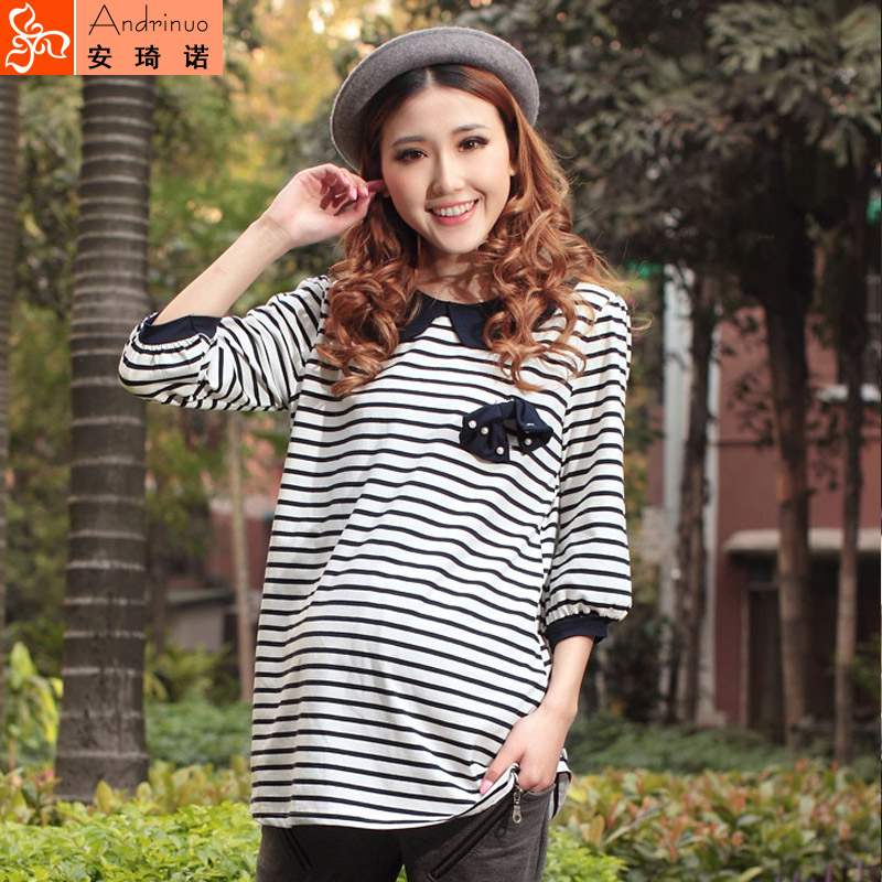 Andrinuo 2013 spring maternity clothing fine stripe bow maternity top