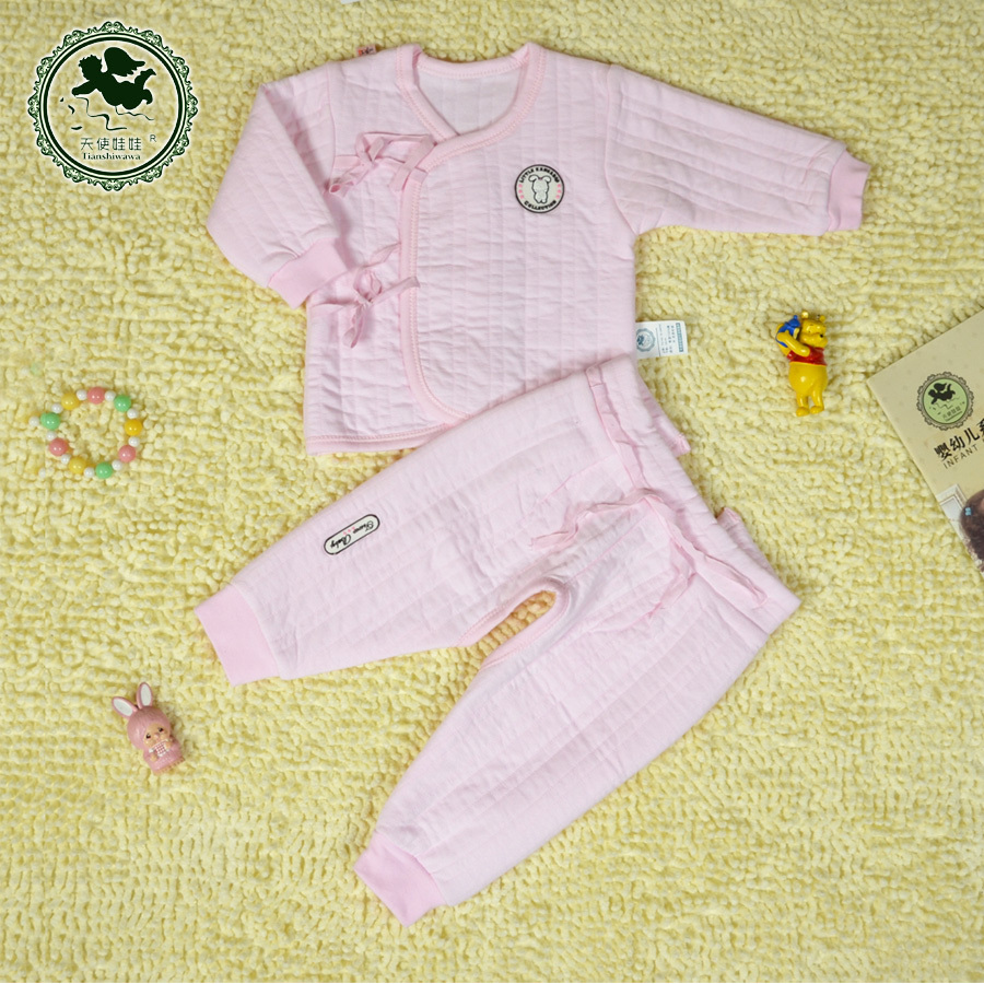 Angel doll autumn and winter thick newborn baby open-crotch underwear set pink 100% cotton female sleepwear 9439