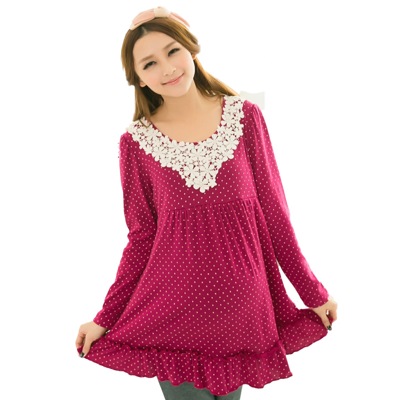 Animal Dress Pregnant Maternity clothing spring maternity top knitted lace decoration dot long-sleeve T-shirt sweatshirt