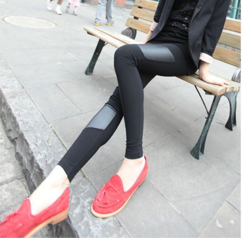 Ankle length legging female plus size faux leather patchwork legging autumn long trousers  black