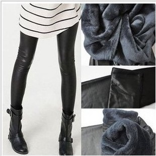 Ankle length trousers female faux leather pants plus velvet thickening beaver velvet bamboo charcoal autumn and winter thermal