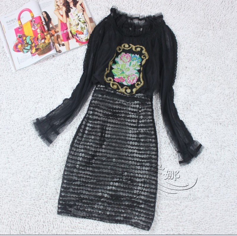 Anna su 2013 women's spring embroidery dot print leather lace long-sleeve dress