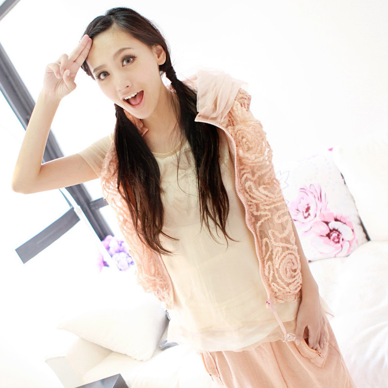 Annasu fashionable casual new arrival pink lace gauze three-dimensional flower vest coat