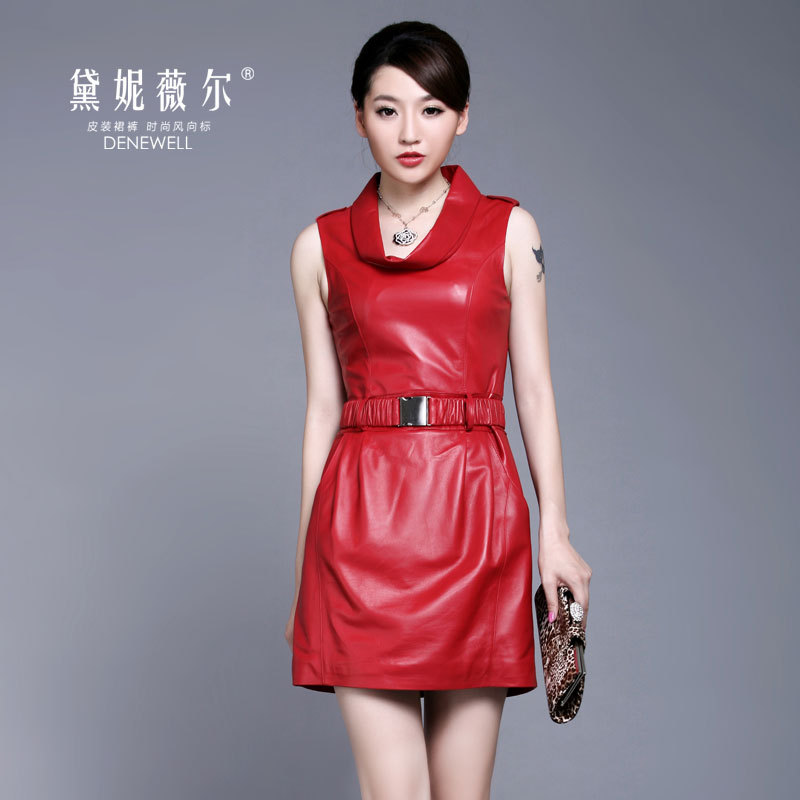 Anne caldwell high quality 2012 genuine leather skirt o-neck tank dress slim waist slim one-piece dress