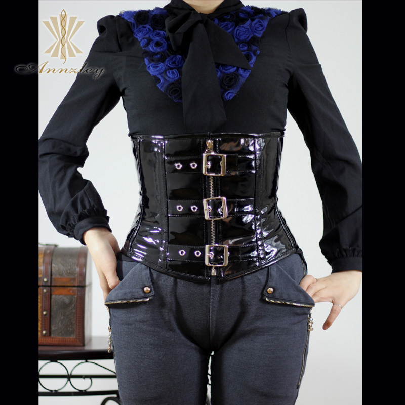 Annzley tiebelt corset japanned leather black short design royal shapewear a160146