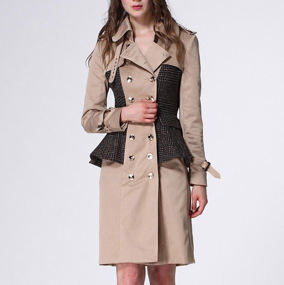 Anti-wrinkle Windproof Khaki turn down square collar skirt coat color block Women Autumn double breast Trench  WW9223