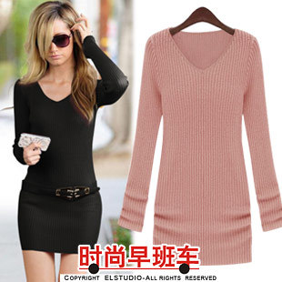 [ANYTIME] 2012 autumn medium-long sweater women's slim wool basic V-neck pullover belt kn640