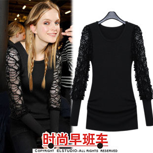 [ANYTIME] 2012 beautiful lace sleeve patchwork elastic slim medium-long knitted sweater kn698