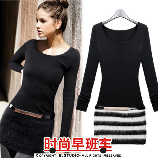 [ANYTIME] 2012 brief slim basic rabbit fur patchwork tight sweater dress op1407