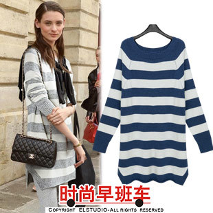 [ANYTIME] 2012 fashion brief casual color block bold stripe loose irregular long design sweater kn561