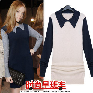 [ANYTIME] 2012 fashion brief colorant match turn-down collar sweater one-piece dress female kn687