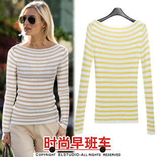 [ANYTIME] 2012 fashion elegant slit neckline all-match slim stripe knitted t-shirt basic shirt te1455