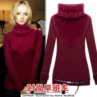 [ANYTIME] 2012 high quality rabbit fur patchwork turtleneck thermal slim all-match knitted sweater kn716