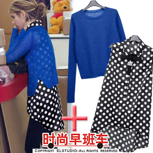 [ANYTIME] 2012 placketing pullover sweater black and white dot sleeveless shirt bow tie kn721