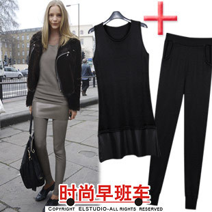 [ANYTIME] 2012 slim knitted medium-long patchwork vest knitted trousers kn650