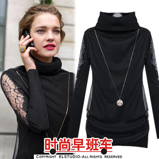 [ANYTIME] 2012 turtleneck slim cutout lace sleeve gauze necklace sweater te1533