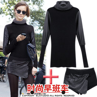 [ANYTIME] 2012 turtleneck slim patchwork knitted sweater ultra-short patchwork shorts kn625