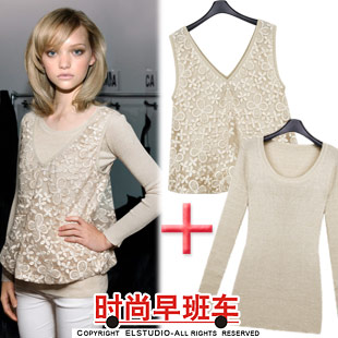 [ANYTIME] 2013 spring V-neck crotch lace top slim wool basic twinset te1531