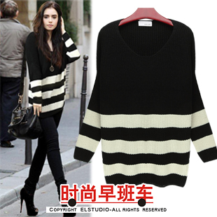 [ANYTIME] Autumn and winter fashion loose stripe batwing sleeve medium-long pullover sweater kn377