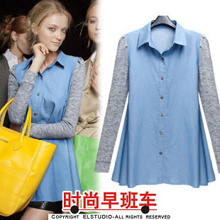 [ANYTIME] Autumn fashion patchwork color block puff sleeve small lapel denim shirt female long-sleeve shirt bl488