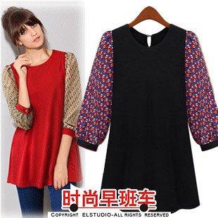 [ANYTIME] Autumn new arrival fashion women's chiffon shirt medium-long chiffon shirt patchwork lantern sleeve shirt op1152