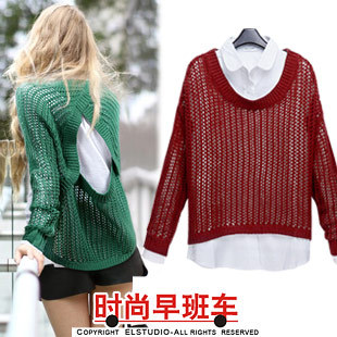 [ANYTIME] Cutout pullover sweater all-match slanting stripe 100% cotton white shirt kn531