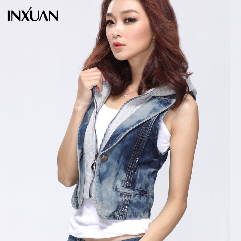 [ANYTIME] Denim vest female outerwear vest short design fashion hooded 2012 autumn