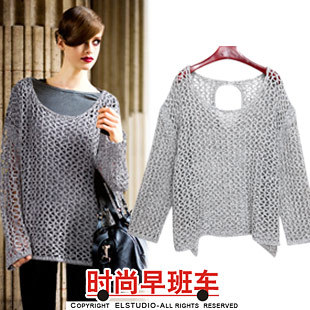 [ANYTIME] Fashion loose thick yarn reticularis cutout black-and-white pilotaxitic sweater te1433