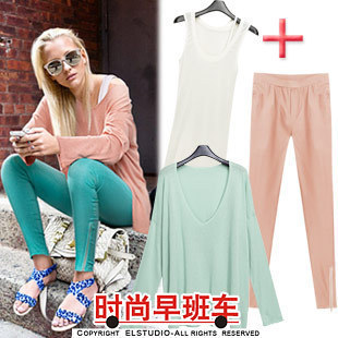 [ANYTIME] Loose V-neck long-sleeve sweater elastic all-match trousers slim basic vest te1444