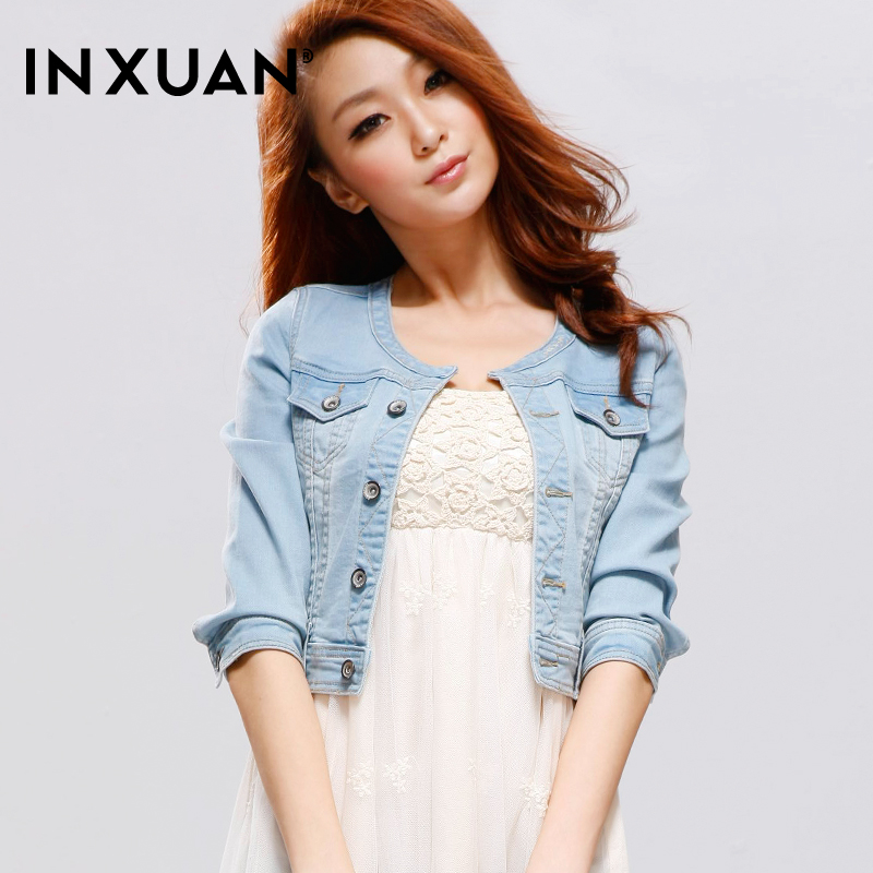 [ANYTIME] O-neck denim outerwear female half sleeve denim coat short jacket design spring and autumn women's