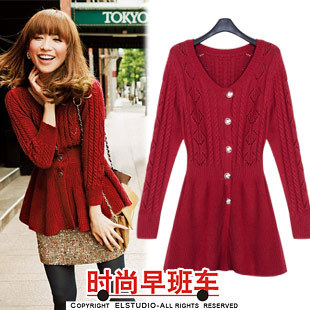 [ANYTIME] Women's autumn 2012 slim crotch cutout ruffle hem button medium-long knitted sweater kn622