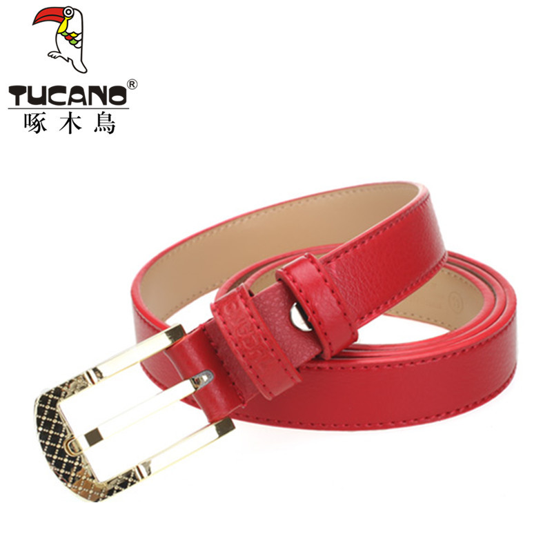 [ANYTIME] Woodpecker women's belt genuine leather red female strap fashion Women belt all-match