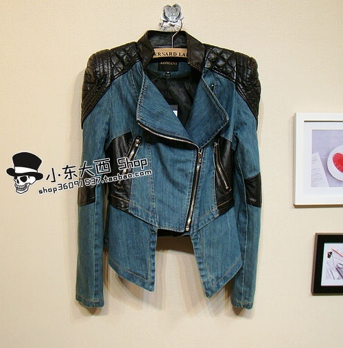 Aomani 2012 autumn and winter patchwork oblique zipper slim waist coveredbuttons motorcycle paragraph denim outerwear