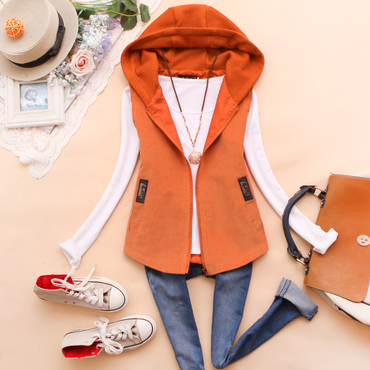 Aot-y011 2013 spring new arrival women's with a hood knitted patchwork corduroy vest b-25