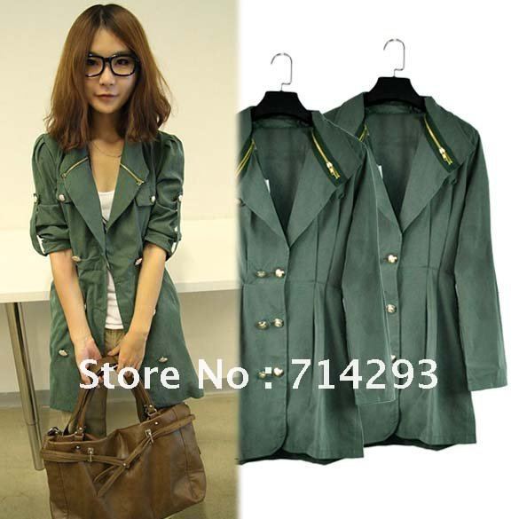 Army Green free size New Fashion Women's Slim Fit Double-breasted Trench Coat Casual long Outwear 6164