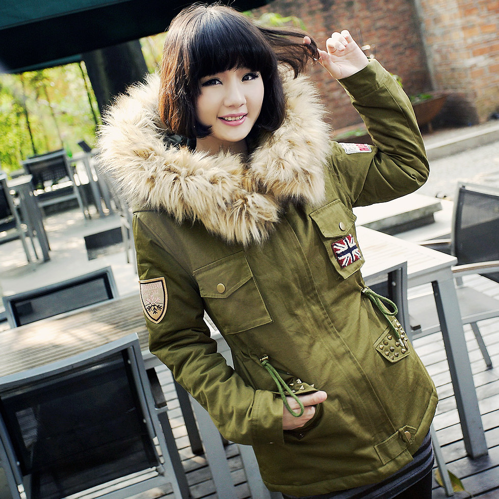 Army Green fur collar clothes outerwear wadded jacket overcoat women's cotton-padded jacket medium-long Free Shipping