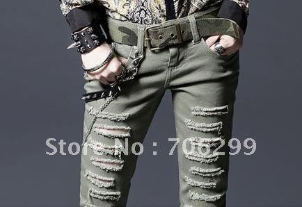 Army green hole female trousers feet jeans new show small foot trousers female trousers