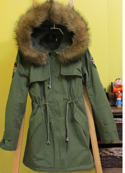 Army Green raccoon fur winter thickening cotton-padded jacket female trench