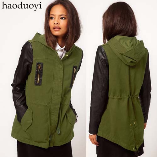 Army Green with a hood chapultepec overcoat black PU patchwork dovetail after slim waist trench 6 full free shipping