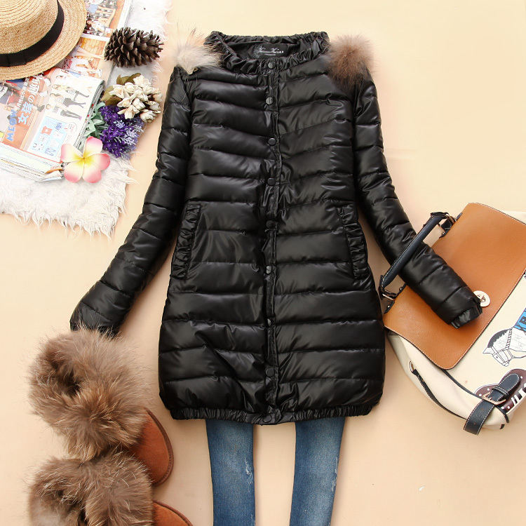 Aru-v880 2012 women's raccoon fur medium-long slim leather wadded jacket k-11