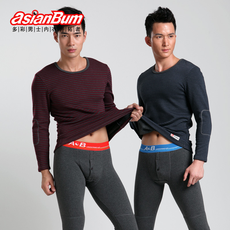 Asianbum autumn and winter classic stripe male underwear set Men o-neck thermal underwear thickening plus velvet