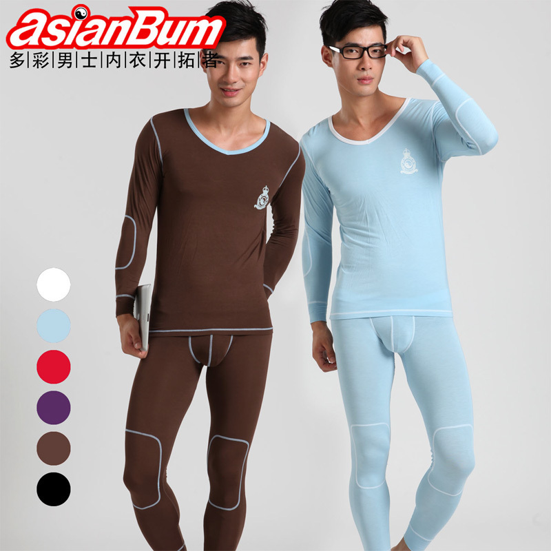 Asianbum color block fashion male long johns long johns natural bamboo fibre thin deep v neck thermal set